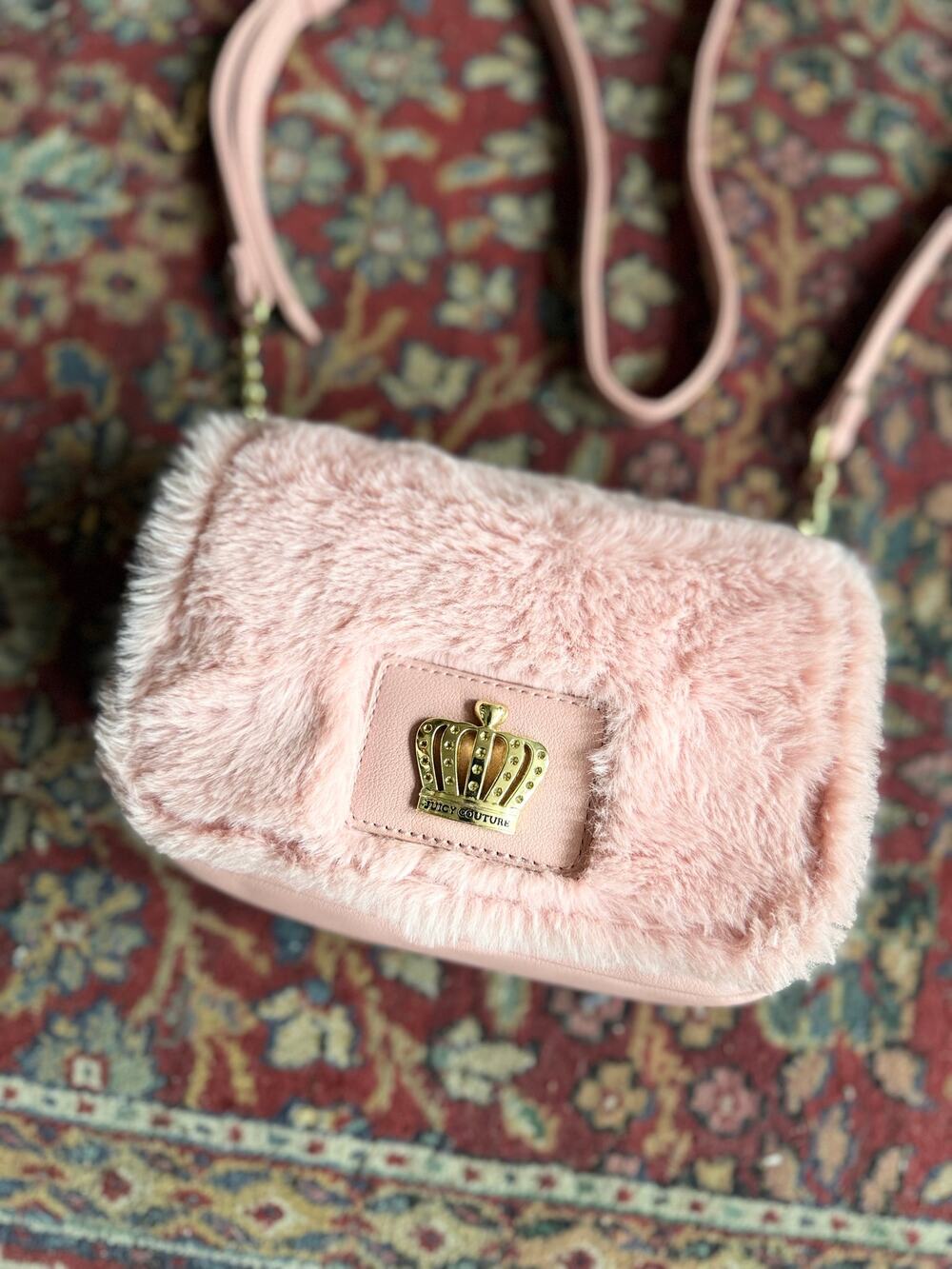 Juicy Couture Faux Fur Chain Strap Crown Logo Crossbody Pink Bag
